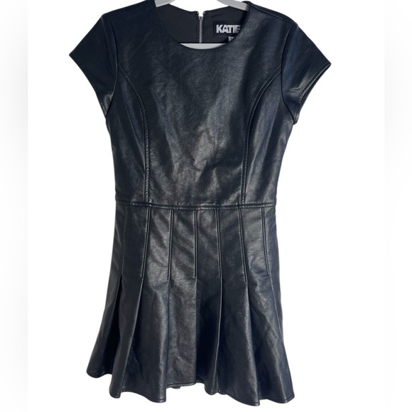 Katie J NYC Junior Eddy Black Vegan Leather Pleated Mini Dress - Picture 1 of 10